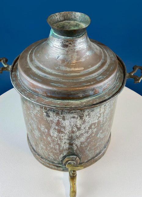 Hand Pounded Tin Copper Turkish Jug with Brass Spigot & Handles. Rustic Home Decor. Storage, Flower Pot, Ice Bucket or Art. Gift for Him.