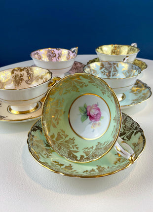 Rare 5 Piece Collection of Pastel Colored Vintage Paragon Cups & Saucers. Stunning Rich Design with Rose Motif and Gold Borders. Fine Dining