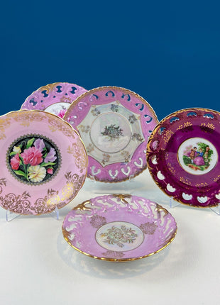 Pink Collection of Vintage Saucers. Mix & Match. Set of 5 Mostly Pink Plates with Lacey Reticulated Edges. Cute Gift Idea for Her.