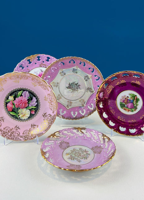 Pink Collection of Vintage Saucers. Mix & Match. Set of 5 Mostly Pink Plates with Lacey Reticulated Edges. Cute Gift Idea for Her.