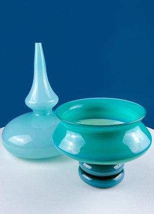 Set of 2 Modern Aqua Blue Geometrical Vases Ornamental Art Glass. Home Office or Retail Decor. Interior Design Ideas. Gift for Him or Her.