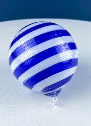 White & Blue Striped Hand Blown Christmas Hanukkah Ornament. Art Glass Sphere. Tree Ornament. Retail, Home, Holiday Decor. Gift for Friend.