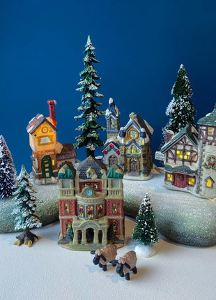 Christmas Village Collection of Small Illuminated Houses. Set of 4 Bldgs: Mill, 2 Churches, Train St., Council Offices, 2 Sheep and 3 Pines.