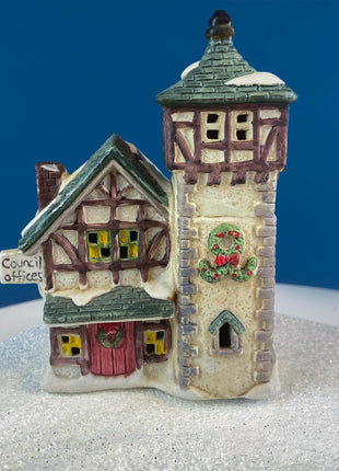 Christmas Village Collection of Small Illuminated Houses. Set of 4 Bldgs: Mill, 2 Churches, Train St., Council Offices, 2 Sheep and 3 Pines.