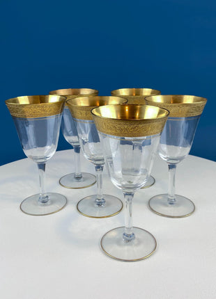 Antique Tiffin Sherry Cordial Sweet Wine Fluted Glasses with Gold Embossed Rims. Set of 8. Dining Room Table Decor. Holiday Celebration.