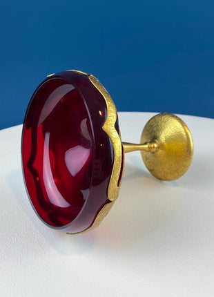 Rare Vintage Farber Bros. Art Deco Red Glass & Gold Compote. Exquisite Smooth Garnet Glass and Textured Gold Metal Frame. Table Centerpiece.