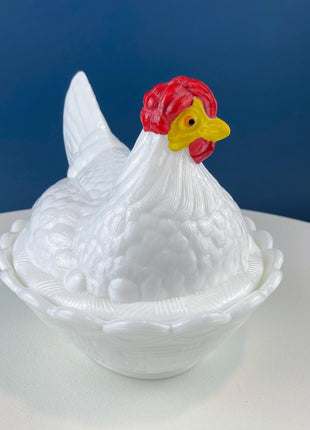 Fenton XL Serving Bowl Shaped like Nesting Hen with Yellow Face and Red Comb. Milk Glass Covered Dish. Dining Room Decor. Modern Country.