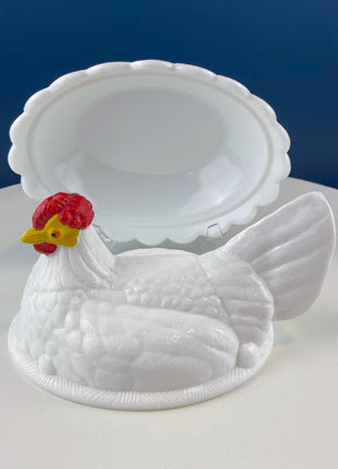 Fenton XL Serving Bowl Shaped like Nesting Hen with Yellow Face and Red Comb. Milk Glass Covered Dish. Dining Room Decor. Modern Country.