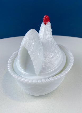 Westmoreland Milk Glass Covered Bowl Shaped Like Rooster on Nest. White Rooster with Red Comb. Lidded Butter Serving Dish. Modern Farmhouse.