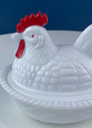 Westmoreland Milk Glass Covered Bowl Shaped Like Rooster on Nest. White Rooster with Red Comb. Lidded Butter Serving Dish. Modern Farmhouse.