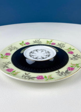 Antique Lefton Black and Gold Tea Cup and Saucer. Hand Painted Rose Motif. Dining Room Decor. Gift for Him or Her. Collectible Porcelain.