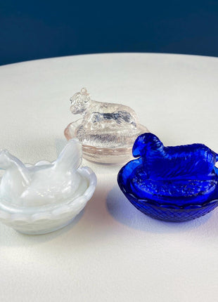 Vintage Collection of Miniature Glass Nesting Animals. Set of 3 Lidded Pill Boxes. Cobalt Blue Sheep Translucent Peach Cow White Opaque Hen