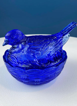 Vintage Shaped like a Nesting Dove Cobalt Blue Glass Lidded Serving Dish. Deep Blue Color. Dining Room Decor. Charming Gift for Him or Her.