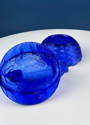 Vintage Shaped like a Nesting Dove Cobalt Blue Glass Lidded Serving Dish. Deep Blue Color. Dining Room Decor. Charming Gift for Him or Her.