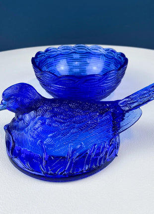 Vintage Shaped like a Nesting Dove Cobalt Blue Glass Lidded Serving Dish. Deep Blue Color. Dining Room Decor. Charming Gift for Him or Her.