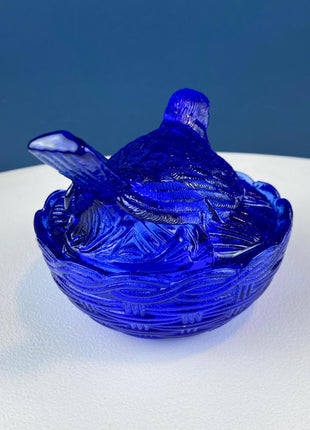 Vintage Shaped like a Nesting Dove Cobalt Blue Glass Lidded Serving Dish. Deep Blue Color. Dining Room Decor. Charming Gift for Him or Her.