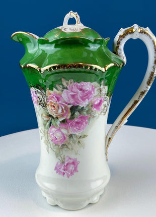 Antique Royal Bavarian Coffee Pot, Hand Painted Pink Roses, Art Nouveau