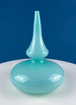 Aqua Blue Hand-Blown Fluted Glass Bottle or Vase with Pointed Stopper. Modern Glass Collection. Home Retail Decor.