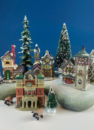 Christmas Village Collection of Small Illuminated Houses. Set of 4 Bldgs: Mill, 2 Churches, Train St., Council Offices, 2 Sheep and 3 Pines.