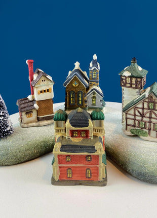 Christmas Village Collection of Small Illuminated Houses. Set of 4 Bldgs: Mill, 2 Churches, Train St., Council Offices, 2 Sheep and 3 Pines.