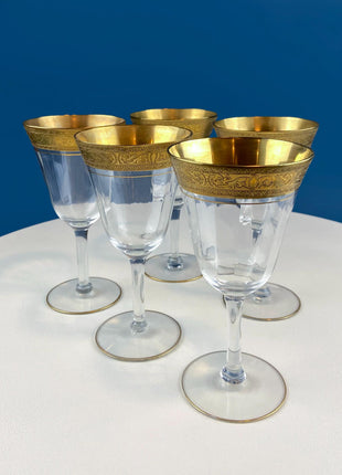 Tiffin Franciscan Wine Goblets with Embossed Gold Rims. Set of 5 Faceted Mid Century Stemware. 24K Gold. Dining Room Decor. Gift for Him Her