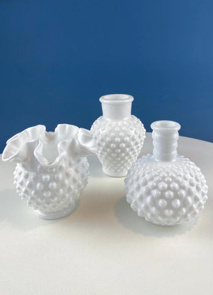 Collection of Vintage Milk Glass Hobnail Vases. Set of 3 Varying Shapes & Sizes. Home, Retail, Cafe Display. Modern Farmhouse. Gift for Her.