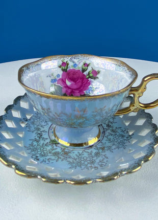 Vintage Pearlescent Blue Tea Cup & Saucer: Rose Motif Luster Porcelain