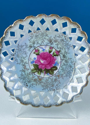 Vintage Pearlescent Blue Tea Cup & Saucer: Rose Motif Luster Porcelain