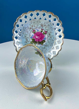 Vintage Pearlescent Blue Tea Cup & Saucer: Rose Motif Luster Porcelain