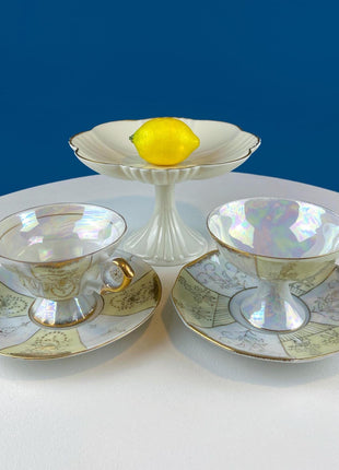 Vintage Pearlescent Blue Tea Cup & Saucer: Rose Motif Luster Porcelain