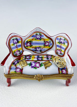 Loveseat Miniature Porcelain Limoges Box. Highly Collectible Pill, Trinket, Ring Box. Gift for Him or Her Couch Potato Partner Couple.