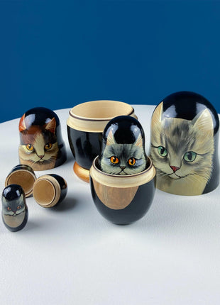 Nesting Wooden Cat Boxes. Set of 5 Hand-Painted Kittens Figurines. Gift for Cat Lover, Collector. Home Decor. Small Storage Boxes.