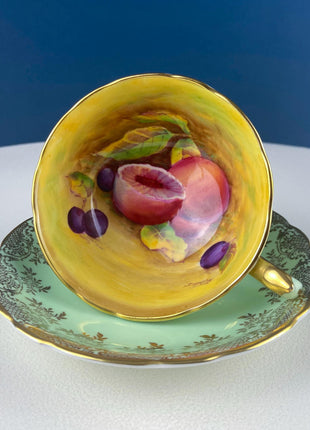 Vintage Mint Green and Gold Tea Cup & Saucer with Fruit Motif. Paragon Fine Bone China. Peaches, Plums, Berries. Gift for Him Her Tea Lover.