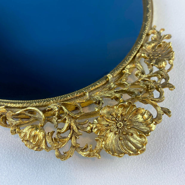 Vintage Large Gold Dresser Vanity Mirror Tray. Rich Gilded Metal Tea Rose Oval Frame. Chic Bedroom Bath Perfume Display. Wall Hanging.
