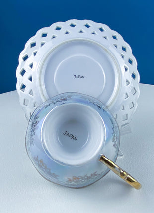 Vintage Pearlescent Blue Tea Cup & Saucer: Rose Motif Luster Porcelain