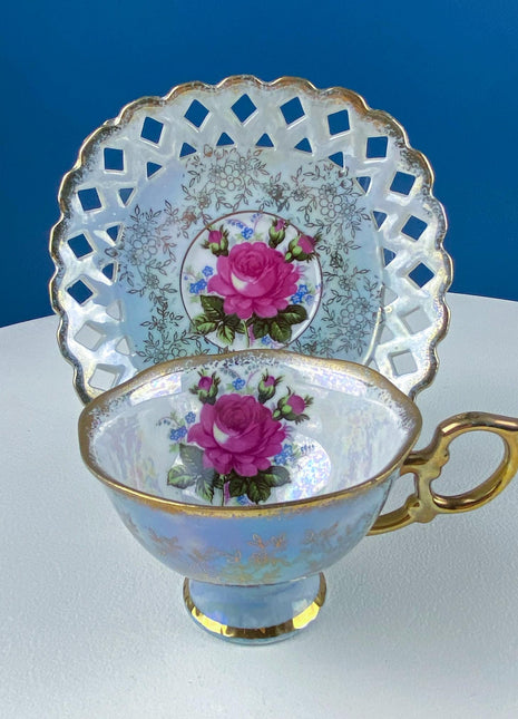 Vintage Pearlescent Blue Tea Cup & Saucer: Rose Motif Luster Porcelain