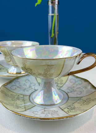 Vintage Pearlescent Blue Tea Cup & Saucer: Rose Motif Luster Porcelain