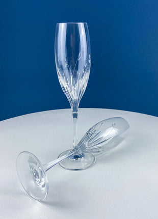 Crystal Champagne Flutes. Moondust Pattern Champagne Glasses by Noritake. Set of Seven Cut Crystal & Etched Motifs.