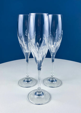 Crystal Champagne Flutes. Moondust Pattern Champagne Glasses by Noritake. Set of Seven Cut Crystal & Etched Motifs.