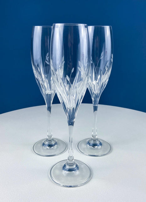 Crystal Champagne Flutes. Moondust Pattern Champagne Glasses by Noritake. Set of Seven Cut Crystal & Etched Motifs.