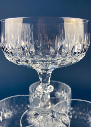 Crystal Champagne Flutes. Moondust Pattern Champagne Glasses by Noritake. Set of Seven Cut Crystal & Etched Motifs.
