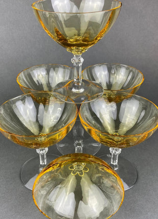 Crystal Champagne Flutes. Moondust Pattern Champagne Glasses by Noritake. Set of Seven Cut Crystal & Etched Motifs.