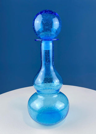 Blue Hand-Blown Glass Vase with Round Stopper. Collectible Modern Bottle. Home or Retail Decor. Interior Design Idea. Gift for Him or Her.