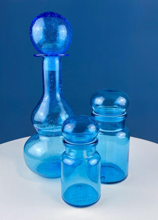 Blue Hand-Blown Glass Vase with Round Stopper. Collectible Modern Bottle. Home or Retail Decor. Interior Design Idea. Gift for Him or Her.