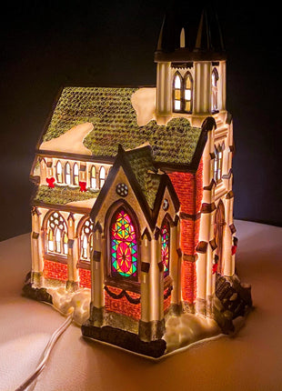 Porcelain Christmas Village Cathedral. Large Illuminated House of Worship by Grandeur Noel Collector's Edition. Home Retail Holiday Decor.