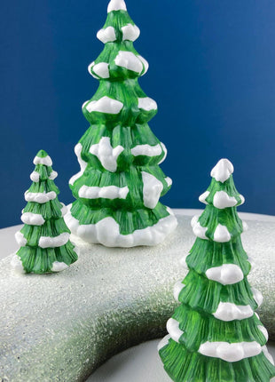 3 Porcelain Snow Covered Pines for Christmas Village or Home Retail Display. Seasonal Decor. Gift for Him or Her, Kids, or Kid at Heart.