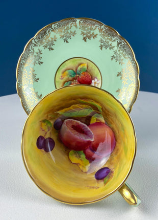 Vintage Mint Green and Gold Tea Cup & Saucer with Fruit Motif. Paragon Fine Bone China. Peaches, Plums, Berries. Gift for Him Her Tea Lover.