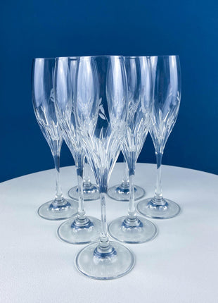 Crystal Champagne Flutes. Moondust Pattern Champagne Glasses by Noritake. Set of Seven Cut Crystal & Etched Motifs.