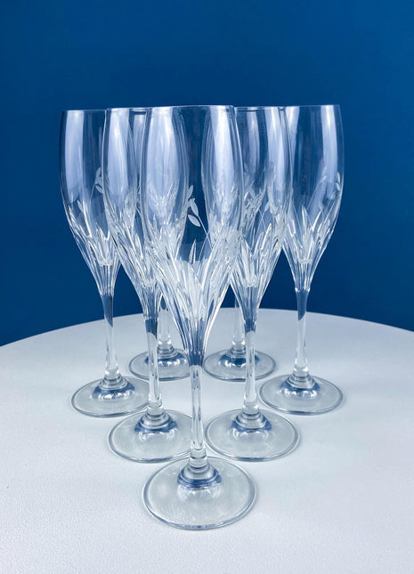 Crystal Champagne Flutes. Moondust Pattern Champagne Glasses by Noritake. Set of Seven Cut Crystal & Etched Motifs.