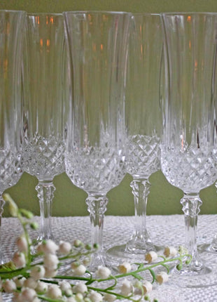 Crystal Champagne Flutes. Moondust Pattern Champagne Glasses by Noritake. Set of Seven Cut Crystal & Etched Motifs.